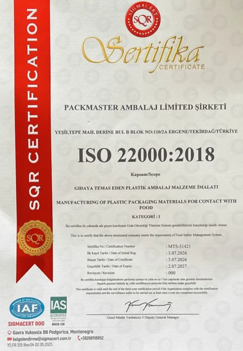 ISO 22000:2018 Gıda Güvenliği Yönetim Sistemi Sertifikası | Packmaster Packmaster ISO 22000:2018 Gıda Güvenliği Yönetim Sistemi Sertifikası – paket servis kabı üretiminde gıda güvenliği standardı
