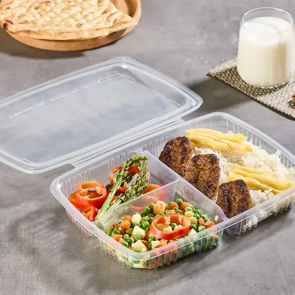 Wholesale 3-compartment takeout containers with portion dividers and anti-fog vented lids for hot food service.