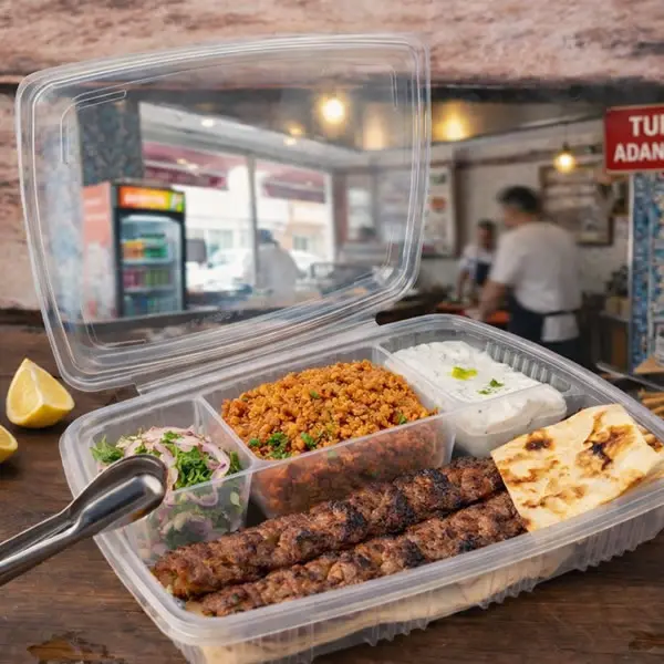 Wholesale kebab takeout containers with heat-resistant PP base and greaseproof vented lids for hot food delivery.