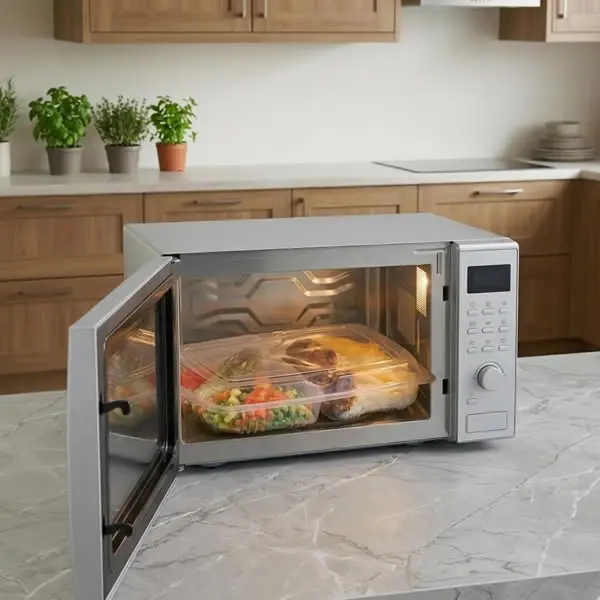 Wholesale microwavable takeout containers made from heat-resistant polypropylene with secure vented lids.